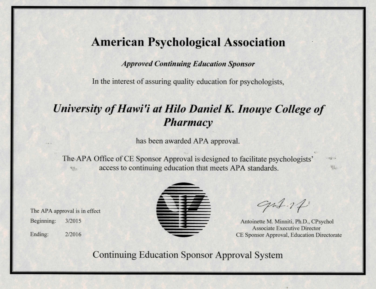 Scan of the American Psychological Association approval certificate for the UH Hilo Daniel K. Inouye College of Pharmacy