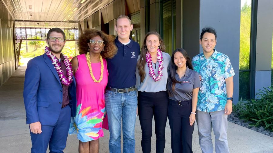 From left: Dr. E. Michael Murphy, Dean Miriam Mobley Smith, Dillon Solliday (APhA-ASP vice president of policy), Dr. Corrie Sanders, Kylie Bungcayao (APhA-ASP president), Dr. Jarred Prudencio (APhA-ASP chapter advisor).