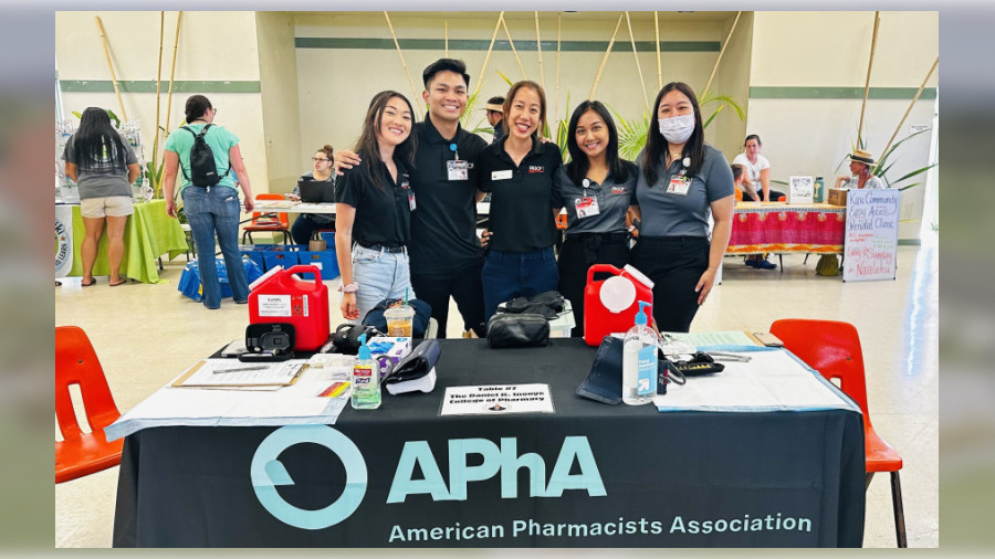 DKICP APhA-ASP members participating in the recent Kaʻu Hospital Health Fair included Skye Pyo, Ronel Quebral, Rosalind Wong, Riza Pascua and Akiho Uno.